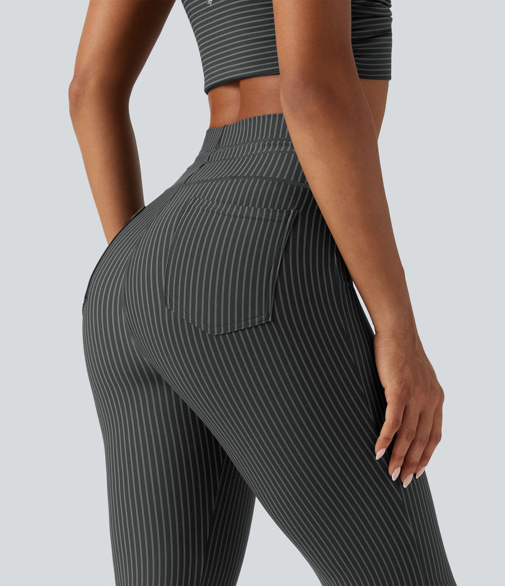 Pantalon de yoga flare taille haute rayé avec cordon de serrage et poches