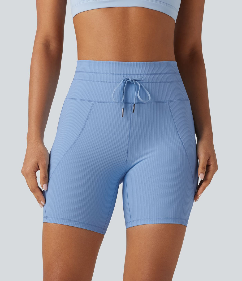 Short cycliste de yoga en maille côtelée taille haute avec cordon de serrage séchage rapide 15 cm avec poches - UPF50+