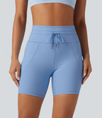 Short cycliste de yoga en maille côtelée taille haute avec cordon de serrage séchage rapide 15 cm avec poches - UPF50+