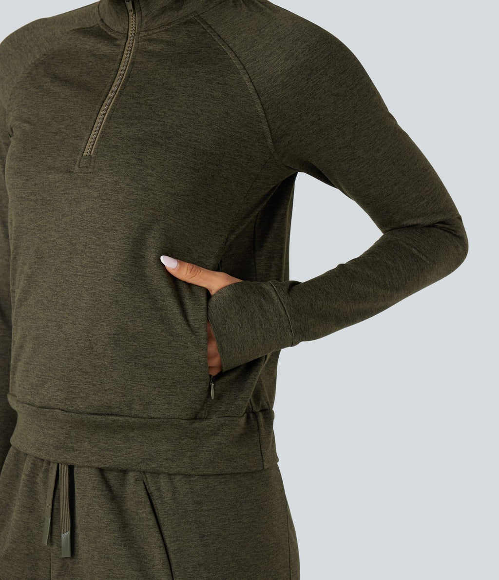 Sweat-shirt polaire thermique chiné séchage rapide demi-zip avec trous pouces et poches - UPF40+