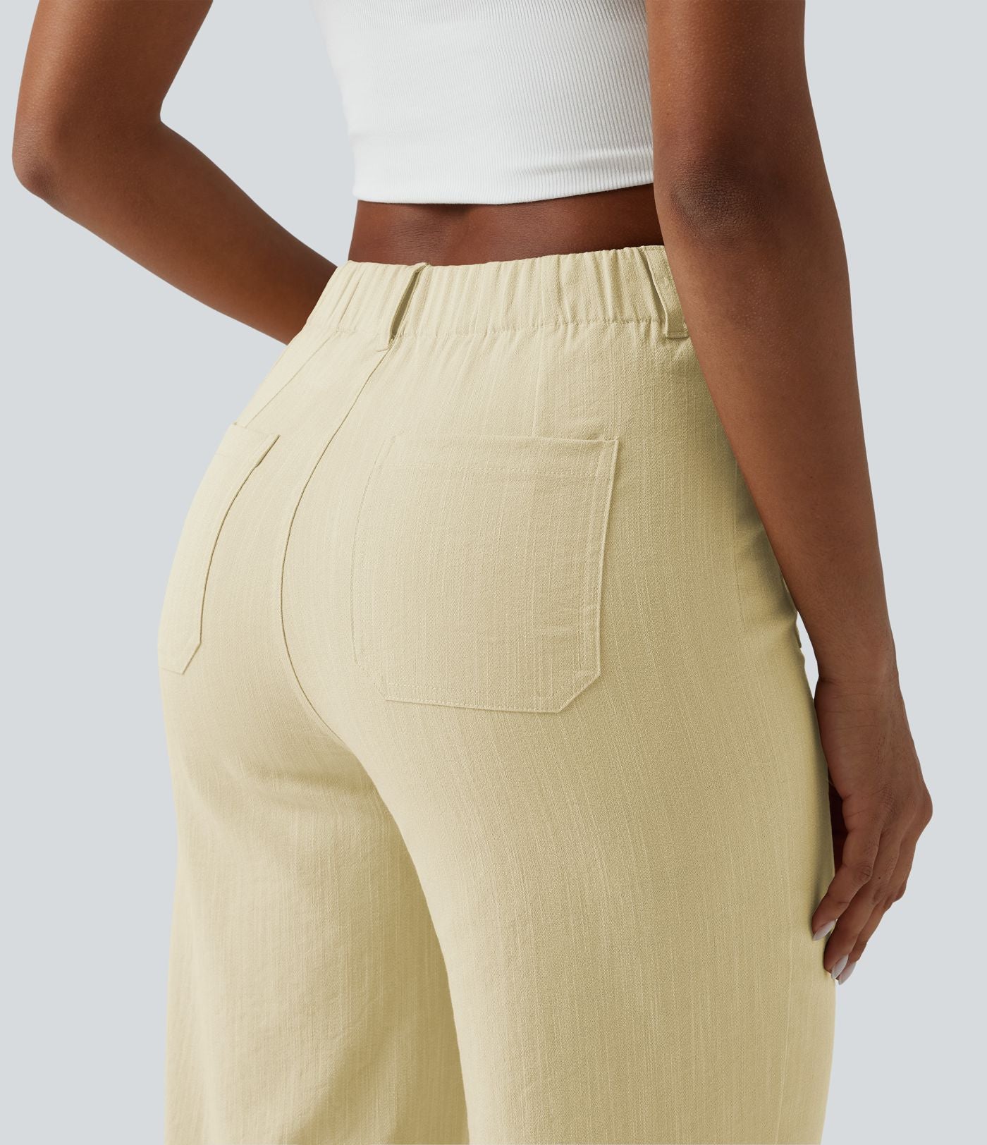 Pantalon taille haute coupe droite effet lin avec poches