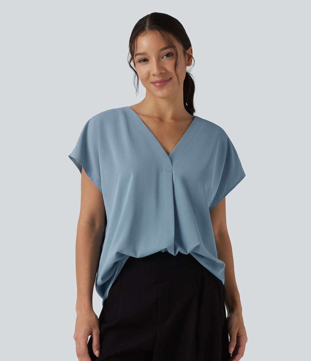 Blouse esprit bureau oversize défroissage facile, col V et manches courtes