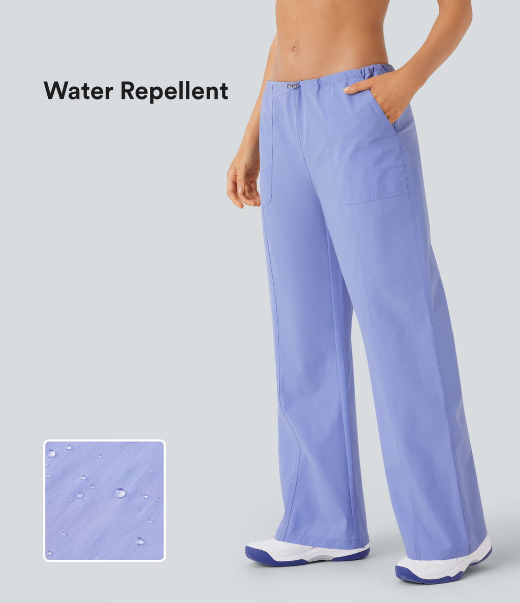 Pantalon de yoga déperlant résistant à l'usure taille basse avec cordon ajustable, poches latérales et jambes droites