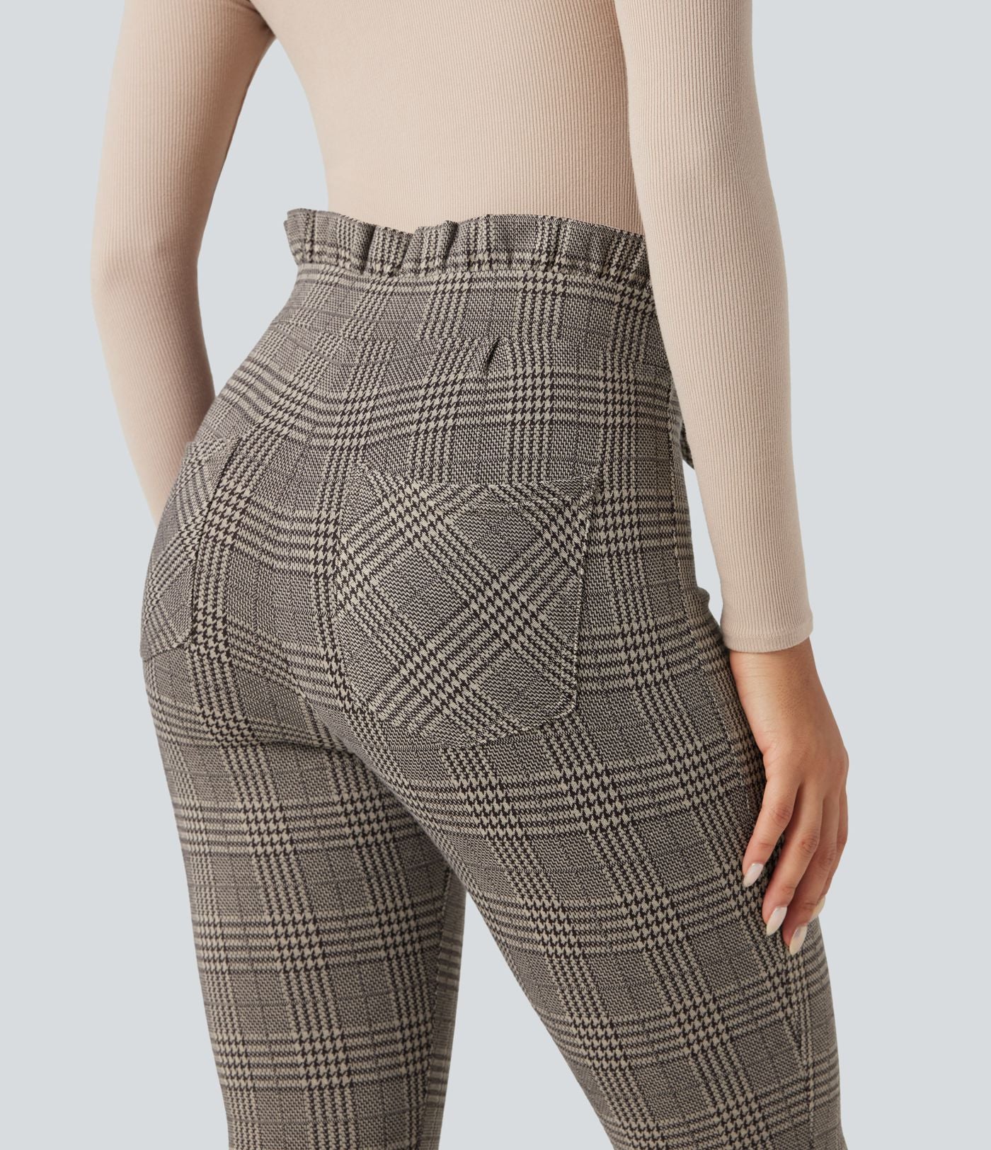 Pantalon tailleur skinny Halara Flex™ paper bag pied-de-poule carreaux taille haute à nœud avec poches