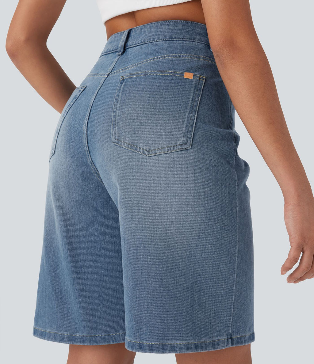 Bermuda en jean délavé Halara Flex™ taille haute à poches multiples