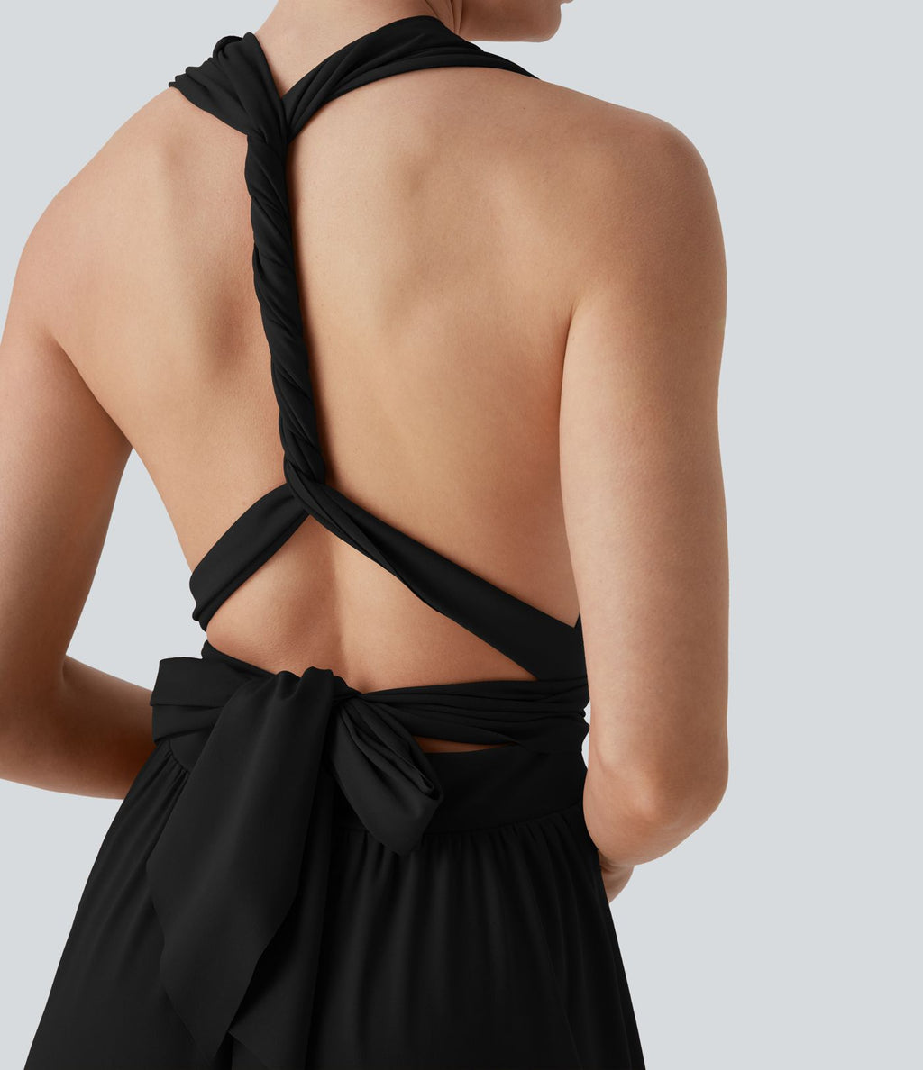 Robe longue de soirée col V, manches courtes, dos croisé à nouer, fendue avec poche latérale