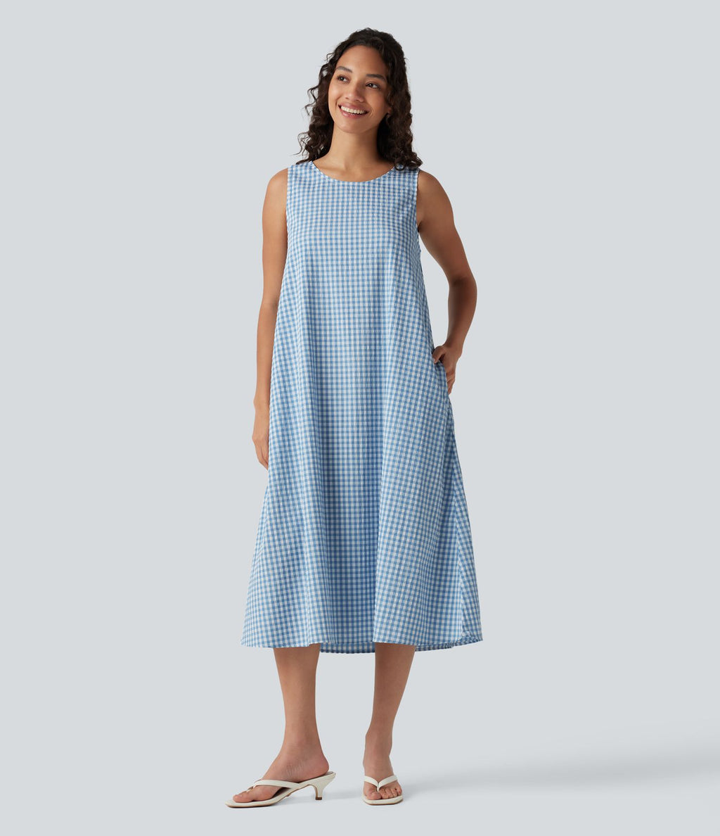 Robe débardeur midi décontractée en vichy froissé, col rond, sans manches, à poches