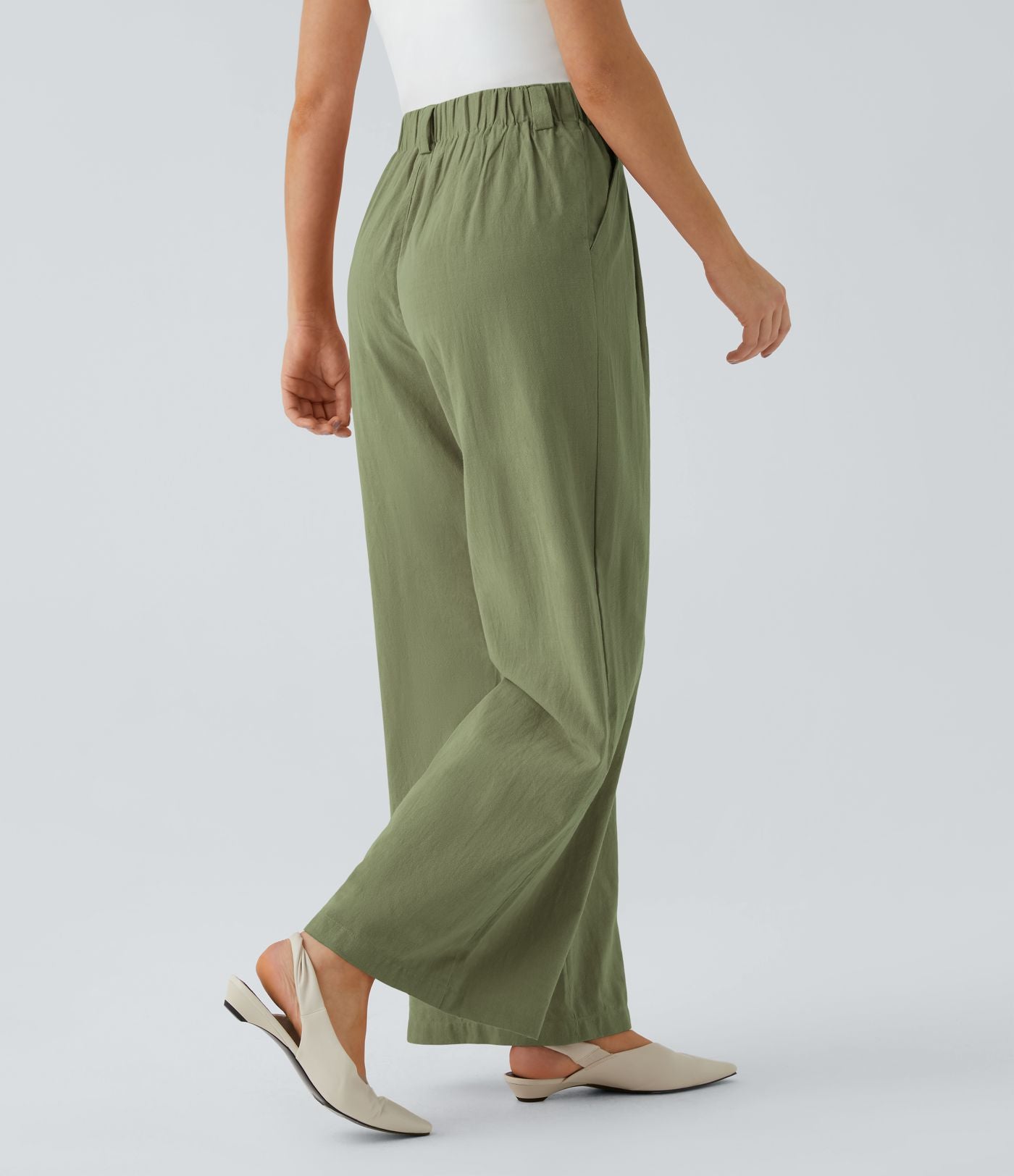 Pantalon Fluide Large Taille Haute Poches Latérales Palazzo Solide Casual Linen-Feel