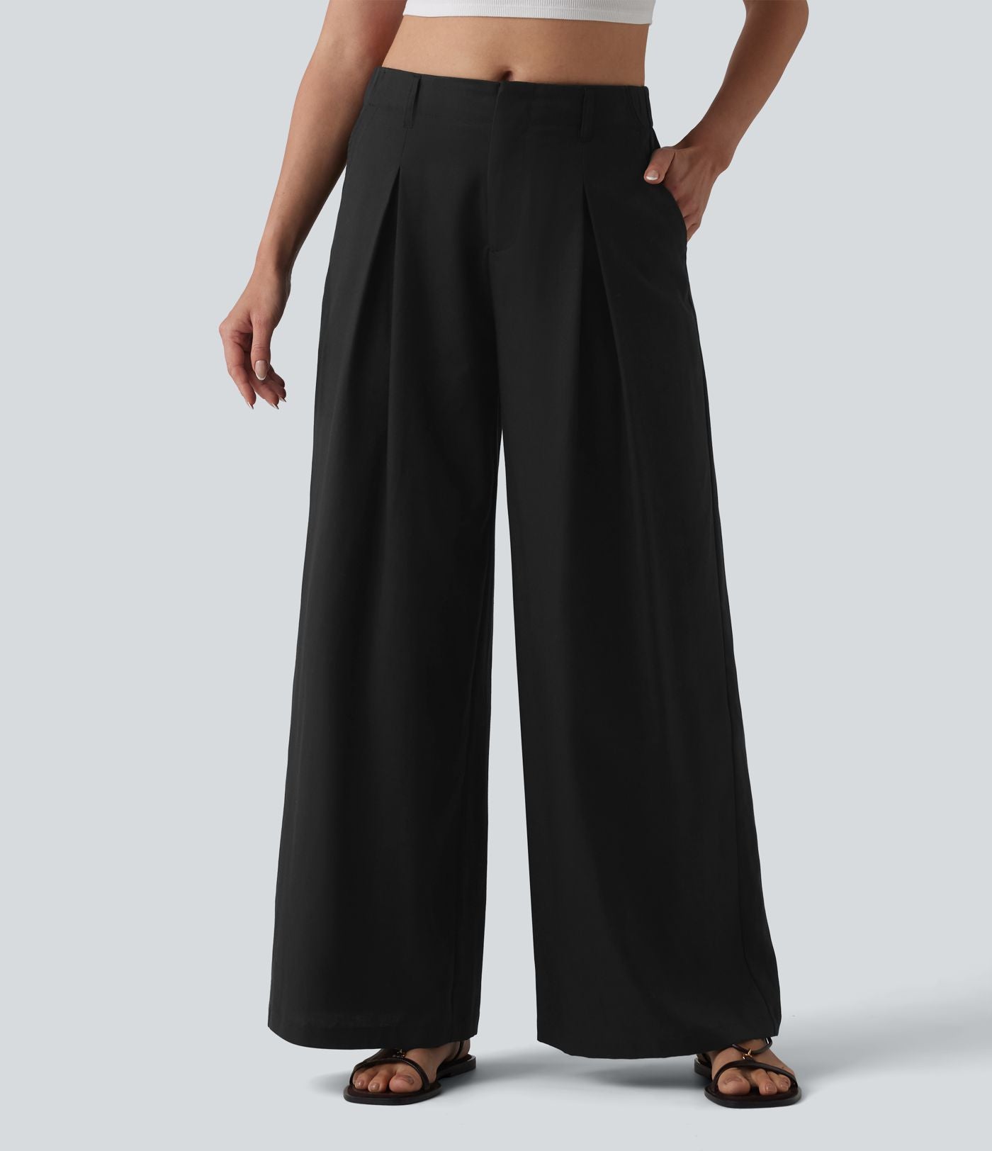 Pantalon ample décontracté en lyocell et lin mélangé, taille mi-haute, plissé, avec poches