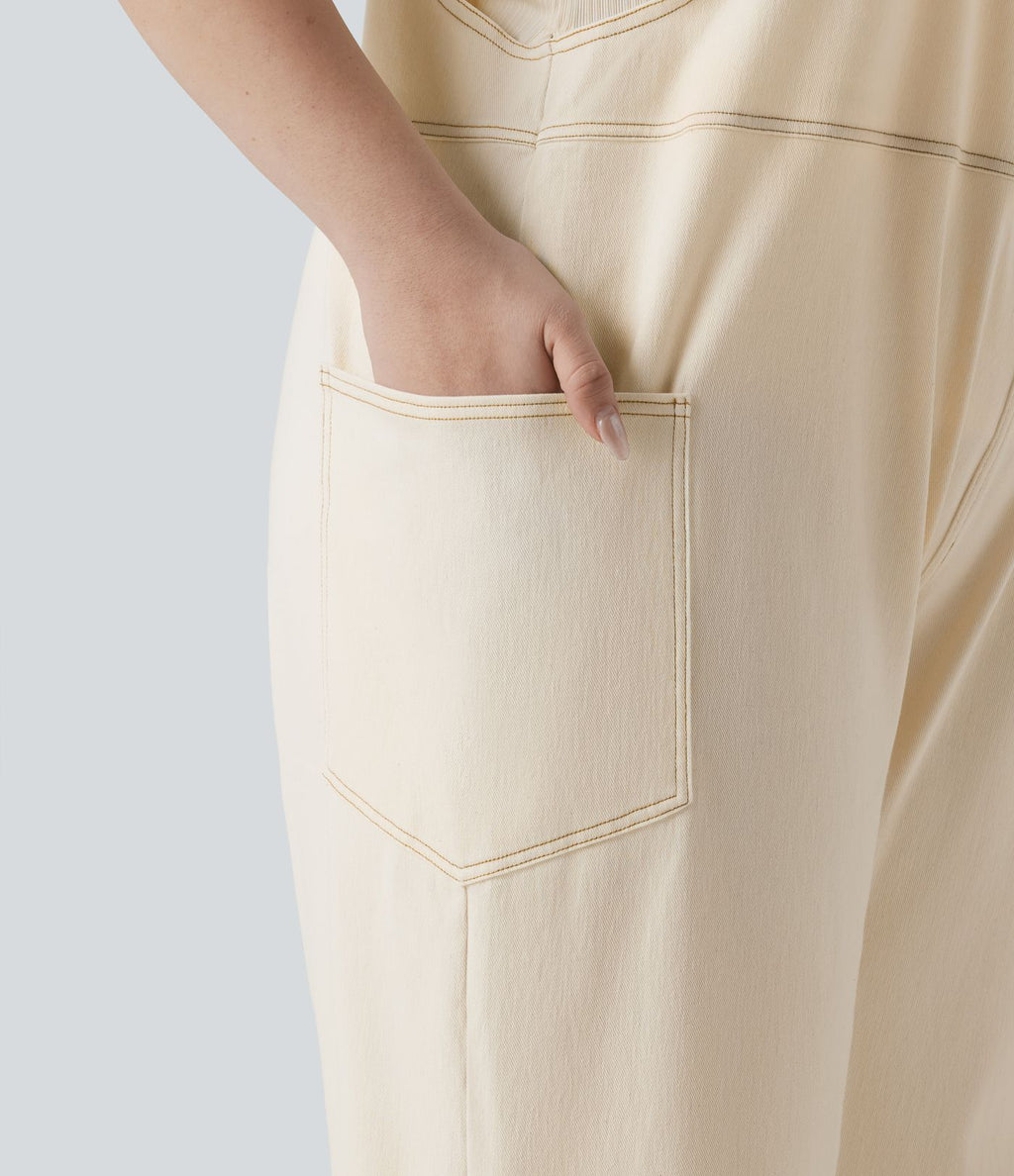 Salopette décontractée Halara Flex™ grande taille en maille denim extensible délavée col V avec poches