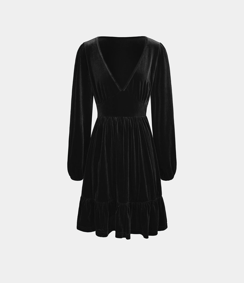 Quotidien Robe de Soirée Mini en Velours à Encolure en V Profond et Ourlet Volanté